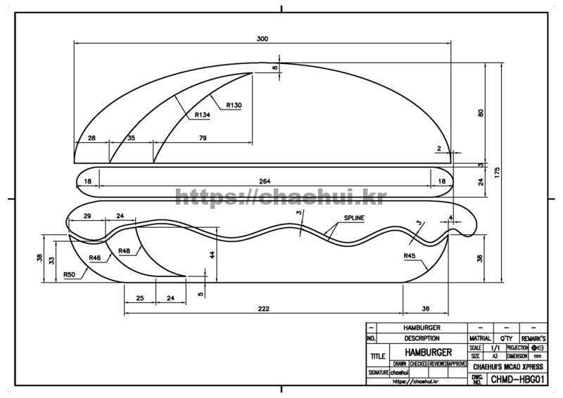 도면작도 실습도면-햄버거 그리기 8 햄버거그리기 학교에서 수업을 할때도회사에서 일을 할때도참 많이 받았던 질문이꼭 그렇게 이렇게 제도법에 맞게 도면을 그려야 하는지에 대한 것이다. 그렇게 하지 않아도 된다. 자기 혼자 왕국을 만들어서 자기가 도면 그리고 자기가 만들고 자기가 팔고 자기가 구매하고 쓴다면 아무 상관 없지 않을까! 더불어 살아 가는 공간에서는 나름대로 룰과 규칙은 지켜져야 하고그 규칙과 룰을 배워서 각 분야에 전문가들이 따르고