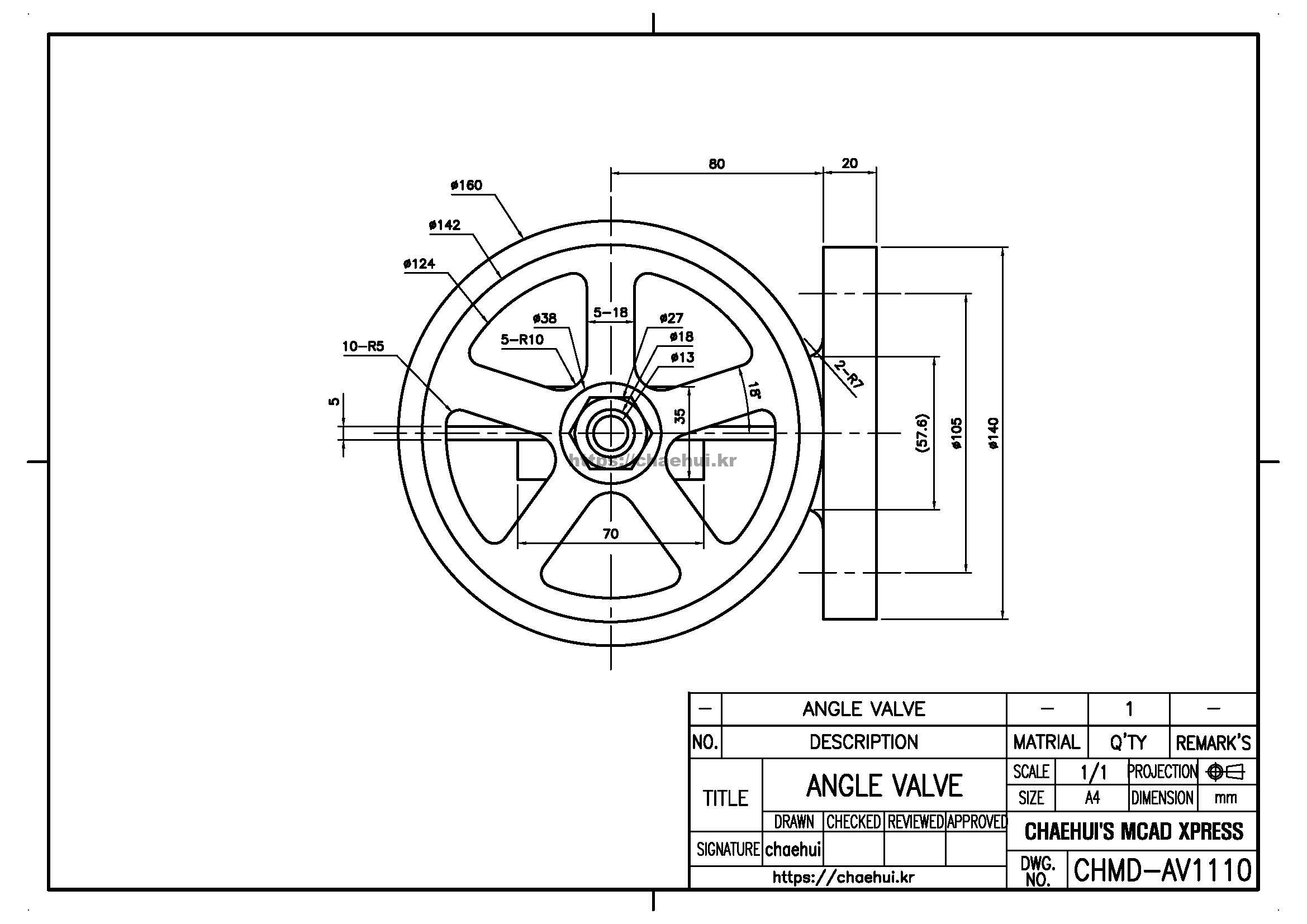 ANGLE VALVE 캐드(CAD) 프로그램을 이용하여 도면 작도 실습을 위한 도면 모음입니다.자신이 사용하는 CAD 프로그램에 대한 사용법과 명령어를 어느 정도는 다룰 수 있어야 실습을 할 수 있을 것입니다.