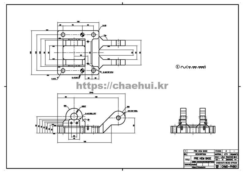 도면작도 실습도면 - PRE HEM BASE 8 PRE HEM BASE PRE HEM BASE는 프레스 금형의 부품으로써 프레스 금형은 금속 성형 공정에서 널리 사용되는 핵심 장비이다. 다양한 제품의 생산에 활용됩니다. 프레스 금형은 금속 판재나 블랭크를 원하는 형상으로 성형하는 데 사용되며, 생산성과 제품의 품질 향상에 큰 역할을 합니다. DIE(다이)는 프레스 금형의 핵심 부품 중 하나로, 금속 판재를 성형하는 데 사용되는 금형의 하부 부품입니다. DIE는 금속 블랭크를 원하는 형상으로 변형시키는 역할을 하며, 다양한 종류의