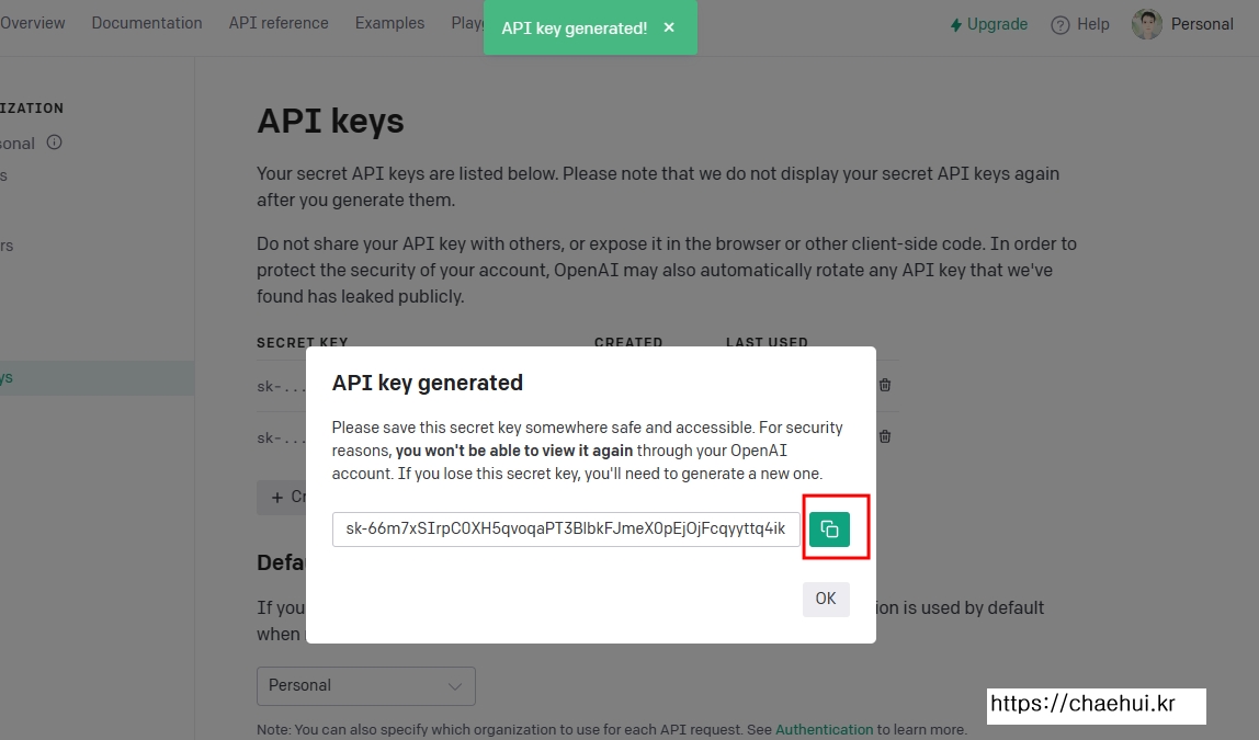 API key generated 화면