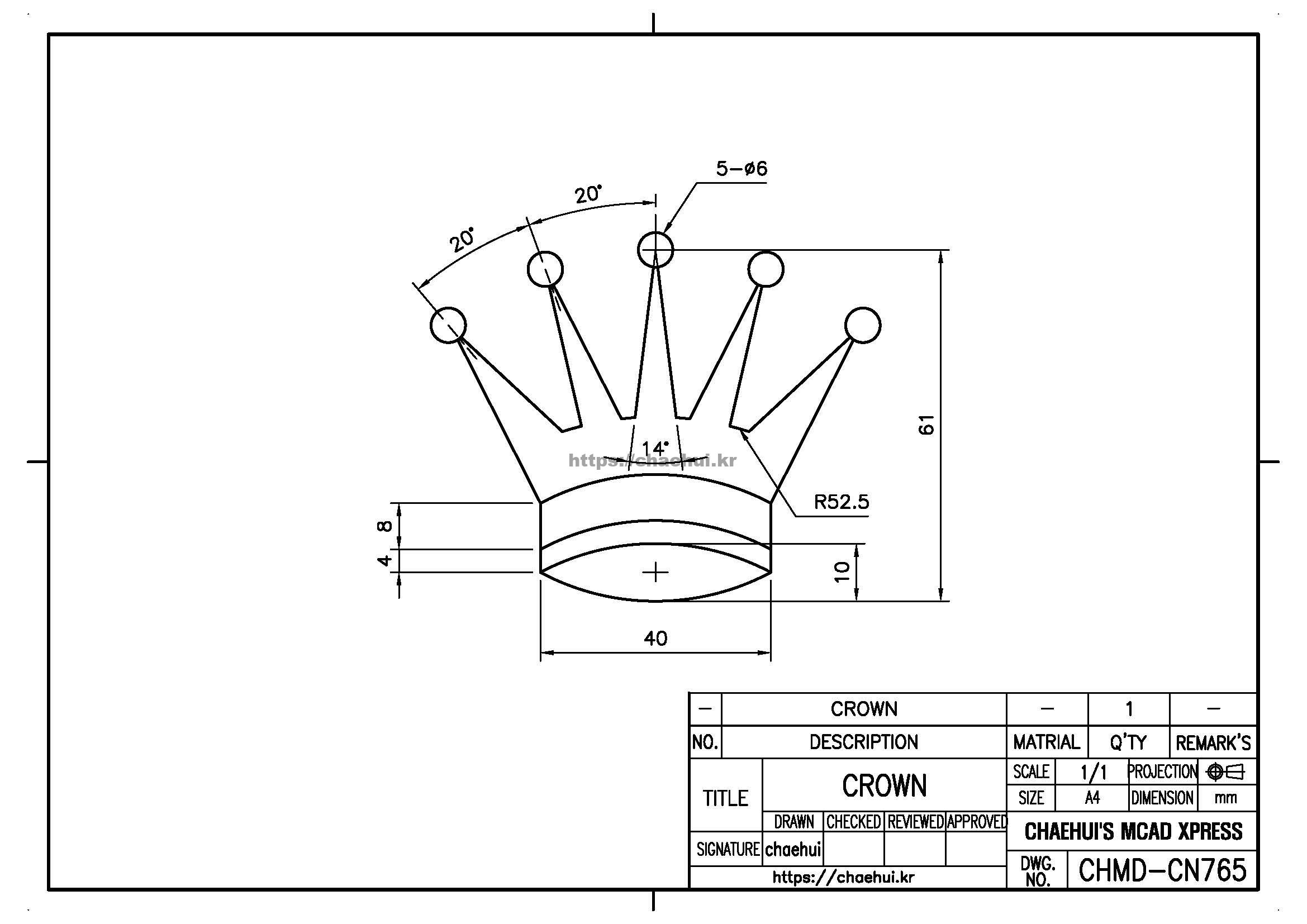 CROWN 캐드(CAD) 프로그램을 이용하여 도면 작도 실습을 위한 도면 모음입니다.자신이 사용하는 CAD 프로그램에 대한 사용법과 명령어를 어느 정도는 다룰 수 있어야 실습을 할 수 있을 것입니다.