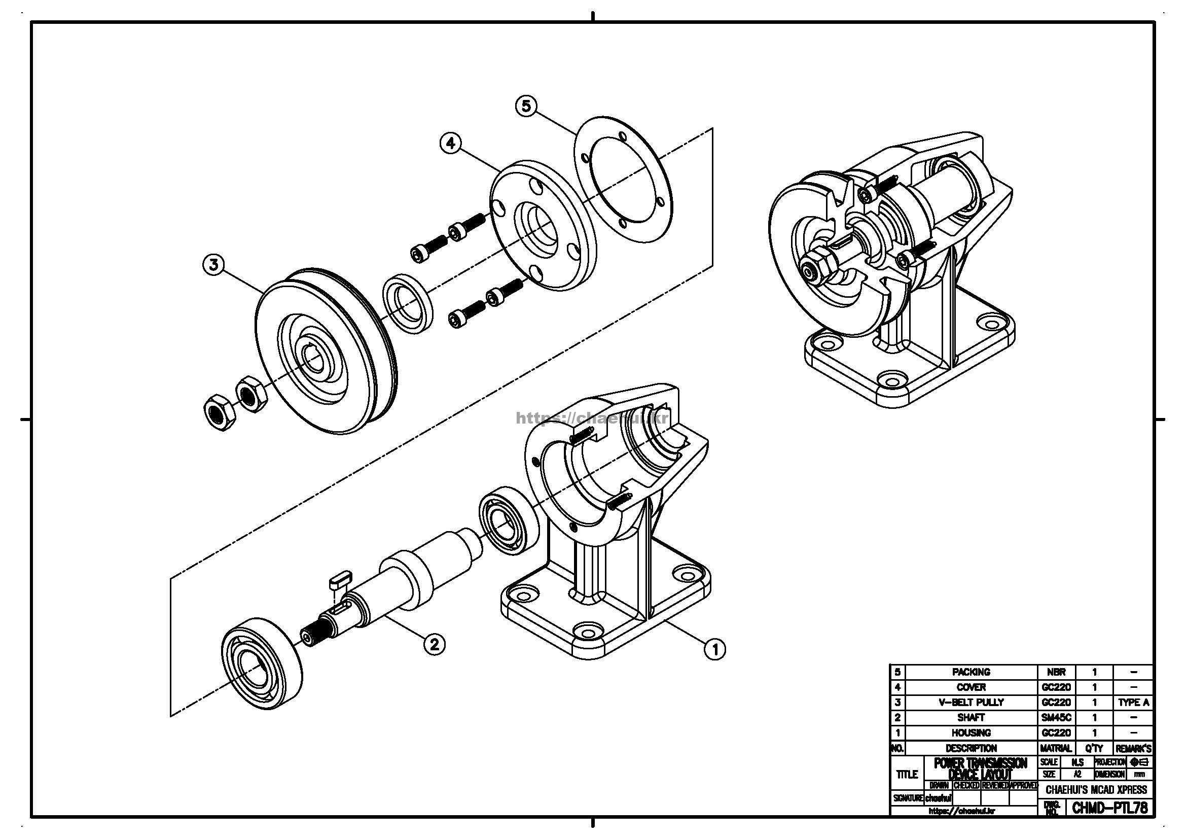 power transmission device layout 캐드(CAD) 프로그램을 이용하여 도면 작도 실습을 위한 도면 모음입니다.자신이 사용하는 CAD 프로그램에 대한 사용법과 명령어를 어느 정도는 다룰 수 있어야 실습을 할 수 있을 것입니다.