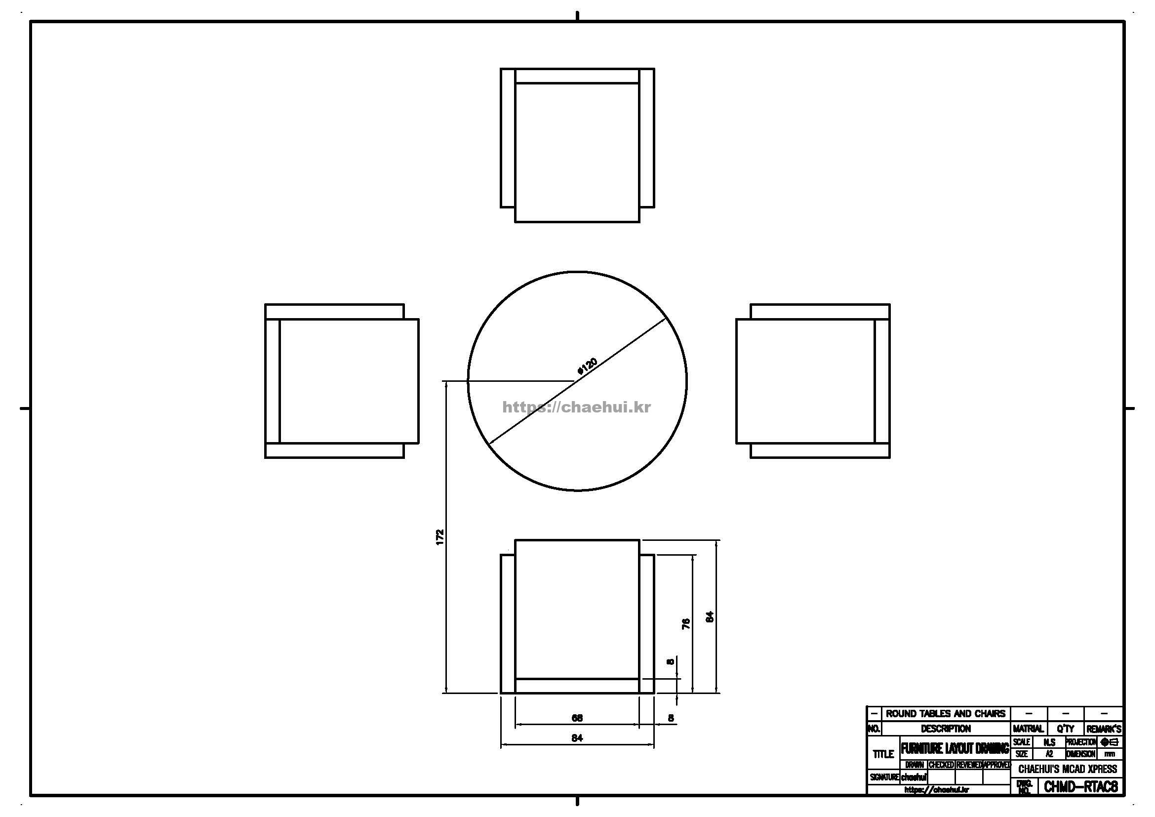 캐드실습도면, CAD실습도면, 캐드도면, CAD도면, 가구배치도, 원형탁자와의자