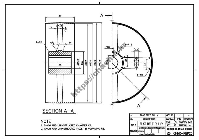 도면작도 실습도면 - 평벨트풀리(FLAT BELT PULLY) 14 도면작도 실습도면 – 평벨트풀리(FLAT BELT PULLY)