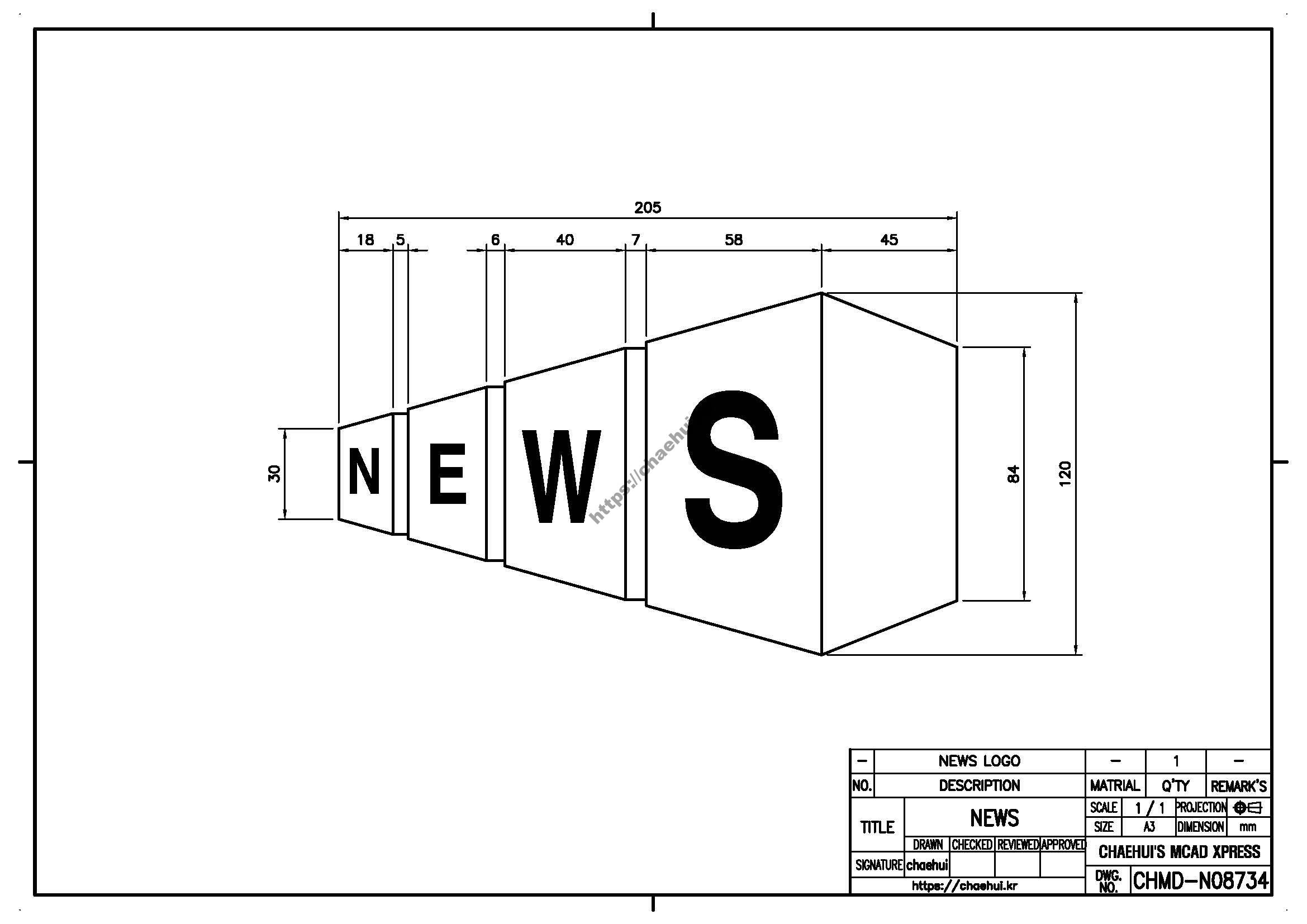 NEWS 캐드(CAD) 프로그램을 이용하여 도면 작도 실습을 위한 도면 모음입니다.자신이 사용하는 CAD 프로그램에 대한 사용법과 명령어를 어느 정도는 다룰 수 있어야 실습을 할 수 있을 것입니다.