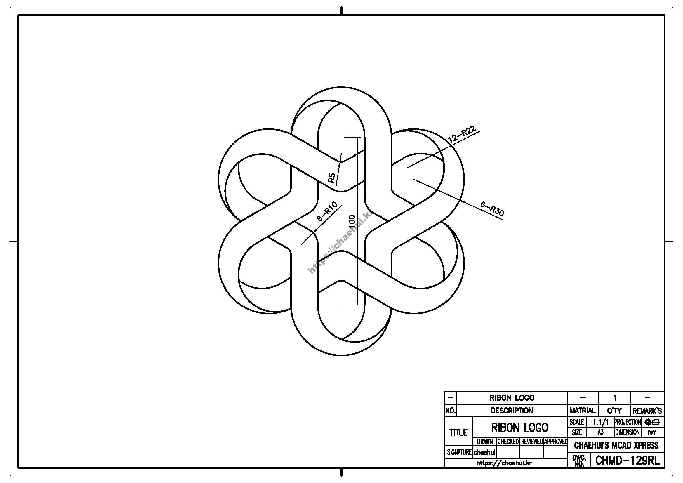 ribon logo 캐드(CAD) 프로그램을 이용하여 도면 작도 실습을 위한 도면 모음입니다.자신이 사용하는 CAD 프로그램에 대한 사용법과 명령어를 어느 정도는 다룰 수 있어야 실습을 할 수 있을 것입니다.