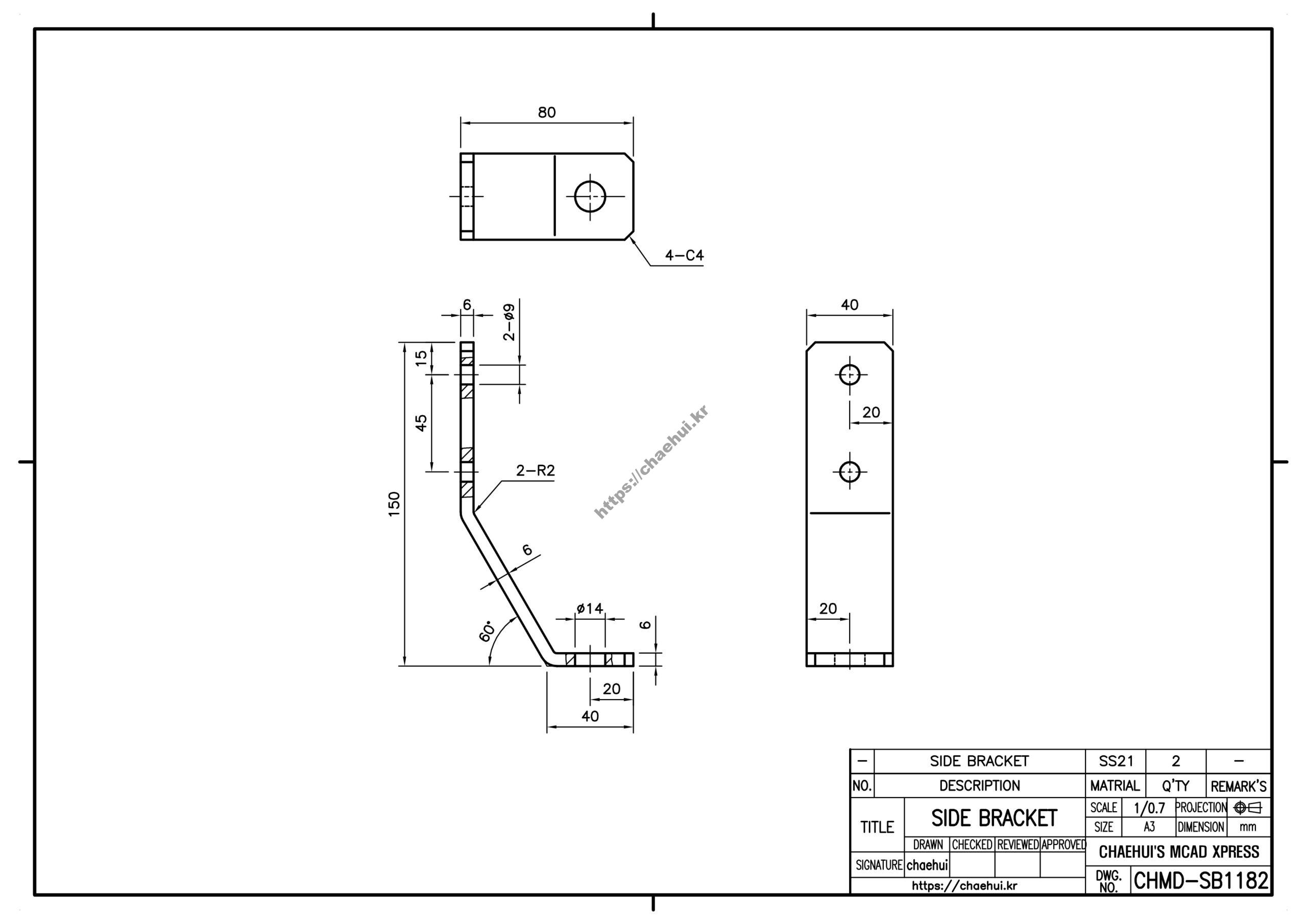 side bracket scaled 캐드(CAD) 프로그램을 이용하여 도면 작도 실습을 위한 도면 모음입니다.자신이 사용하는 CAD 프로그램에 대한 사용법과 명령어를 어느 정도는 다룰 수 있어야 실습을 할 수 있을 것입니다.