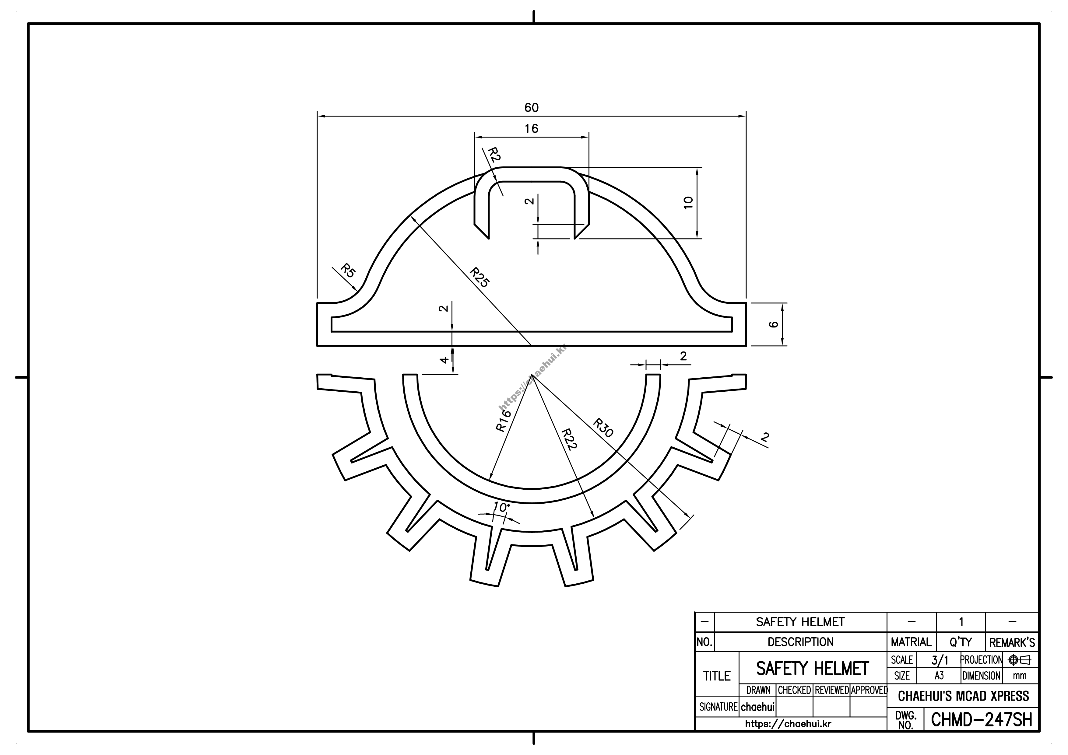 SAFETY HELMET 1 캐드(CAD) 프로그램을 이용하여 도면 작도 실습을 위한 도면 모음입니다.자신이 사용하는 CAD 프로그램에 대한 사용법과 명령어를 어느 정도는 다룰 수 있어야 실습을 할 수 있을 것입니다.