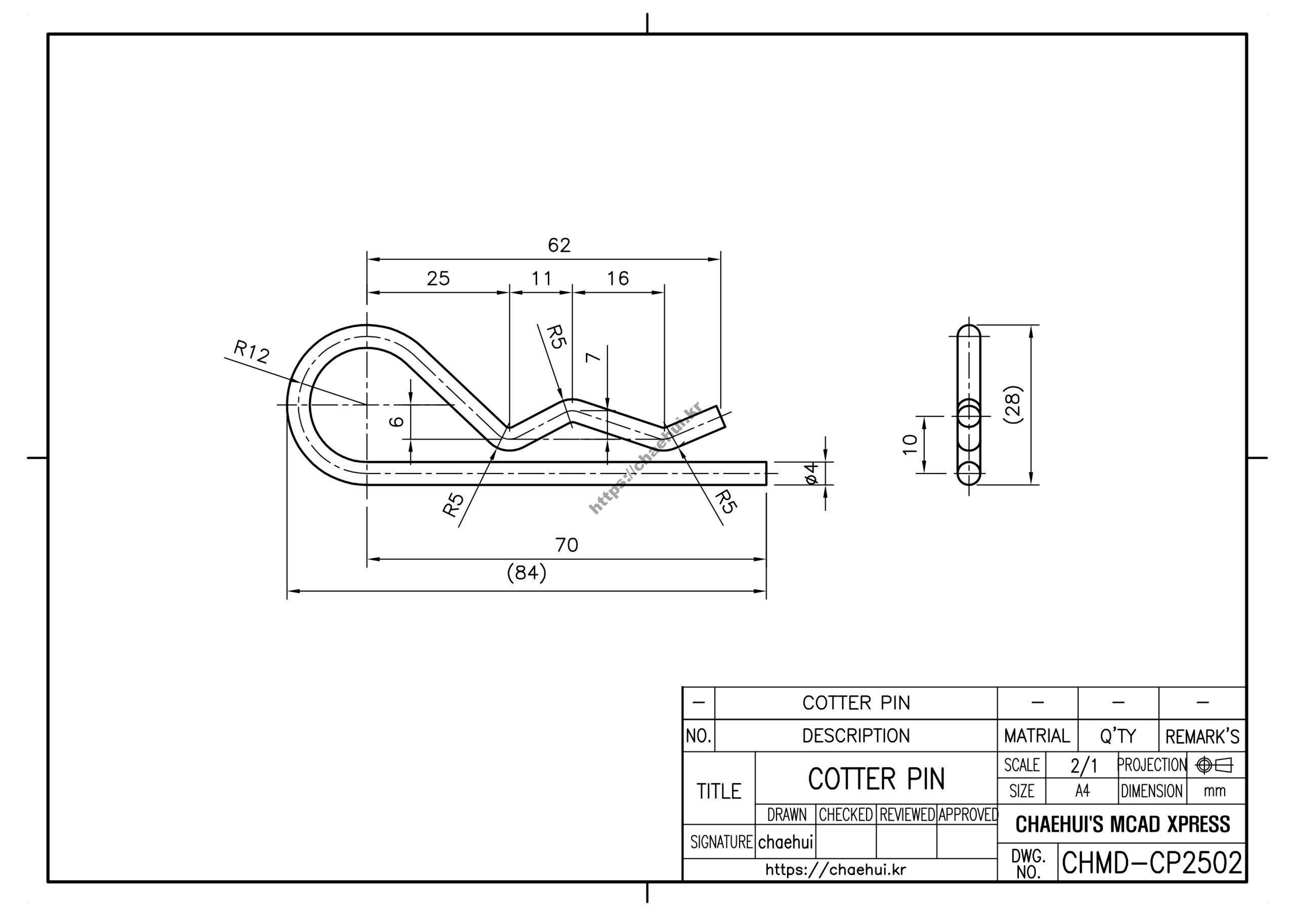 cotter pin scaled 캐드(CAD) 프로그램을 이용하여 도면 작도 실습을 위한 도면 모음입니다.자신이 사용하는 CAD 프로그램에 대한 사용법과 명령어를 어느 정도는 다룰 수 있어야 실습을 할 수 있을 것입니다.