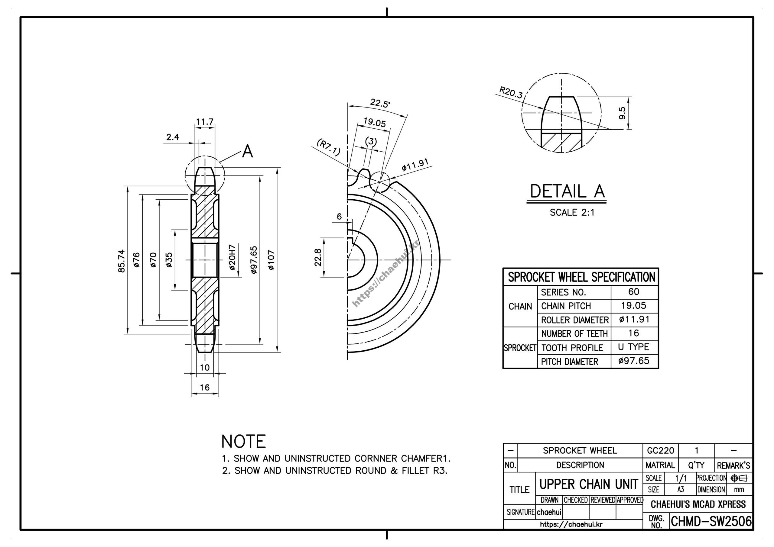 sprocket wheel scaled 캐드(CAD) 프로그램을 이용하여 도면 작도 실습을 위한 도면 모음입니다.자신이 사용하는 CAD 프로그램에 대한 사용법과 명령어를 어느 정도는 다룰 수 있어야 실습을 할 수 있을 것입니다.