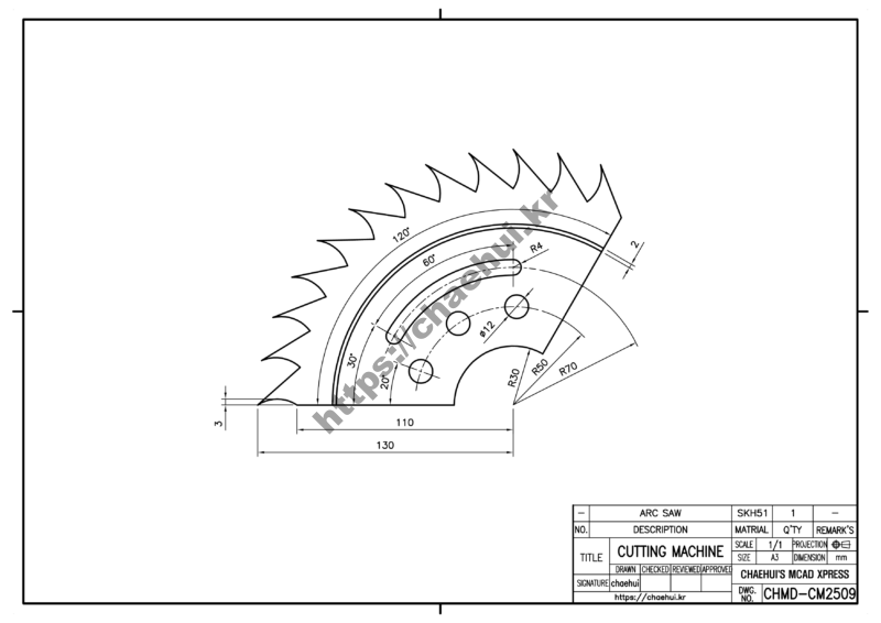 도면작도 실습도면 - ARC SAW(부분 원형 톱) 33 ARC SAW 톱은 톱날의 톱니를 이용해 재료를 잘라내는 도구로, 인류 역사와 함께 진화하며 목공, 건축, 금속 가공 등 다양한 분야에서 핵심적인 역할을 해왔습니다. 톱날의 재질과 톱니의 설계, 동력 전달 방식에 따라 수동 톱부터 다양한 전동 톱까지 여러 종류가 있으며, 각각의 장단점과 활용법이 명확합니다. 톱은 정확하고 빠르게 재료를 가공하지만, 높은 위험성 때문에 반드시 안전 수칙을 지키고 주기적으로 관리 및 보수해야 합니다. 올바른 톱 선택과 관리는 작업의 효율성과 안전을 동시에 높여줍니다.