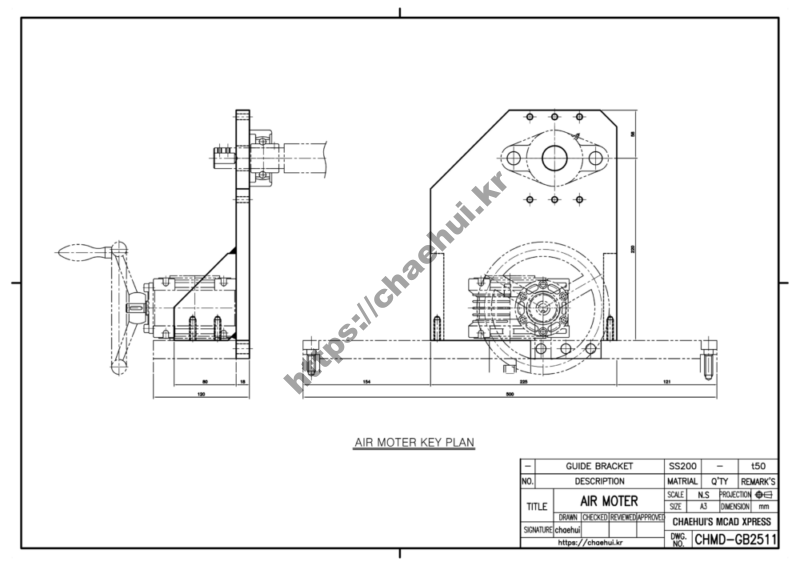 도면작도 실습도면 - 에어모터 가이드 브라켓(AIRMOTER GUIDE BRACKET) 8 에어모터 가이드브라켓 에어모터 가이드 브라켓은 단순한 지지대를 넘어, 에어모터의 강력한 힘을 산업 현장에 필요한 흔들림 없는 정밀한 움직임으로 변환하며 미래의 고도화된 제조 공정의 안정성과 효율을 보장하는 핵심 엔지니어링 솔루션입니다. 이제 여러분의 생산 라인이나 장비에 설치된 에어모터의 가이드 브라켓의 안정적인 역할을 관찰해보세요.