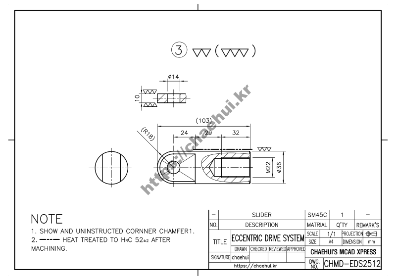 도면작도 실습도면 - ESD SLIDER(슬라이더) 6 EDS SLIDER 편심구동장치 슬라이더(SLIDER) : 회전 운동을 정교한 직선 운동으로 바꾸는 마법! 복잡한 기계 속 ‘숨은 영웅’, 편심구동장치 슬라이더! 우리가 주변에서 흔히 보는 자동화 기계, 엔진, 심지어 장난감 속에도 어떤 움직임이 숨어 있습니다. 🧐 **회전하는 모터의 힘을 곧게 펴서 밀거나 당기는 움직임(직선 운동)**으로 바꿔주는 장치가 없다면, 수많은 기계가 제 기능을 할 수 없을 것입니다. 마치