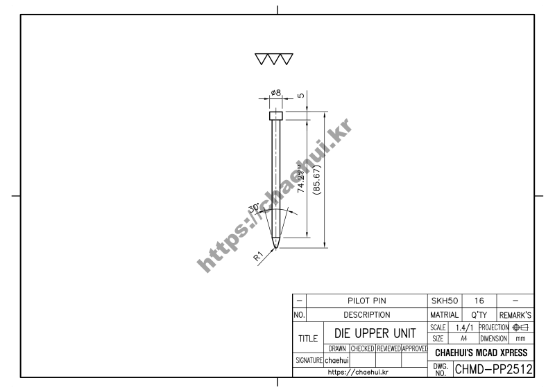 pilot pin 파일럿 핀(PILOT PIN)은 프레스 금형에서 소재의 최종 위치를 미세하게 교정하고 정렬하는 핵심 부품입니다.
이는 순차이송 금형의 정밀도와 생산성을 결정하며, 오차를 최소화하고 금형 수명을 연장하는 중요한 역할을 합니다.
고강도 공구강과 정밀 연삭, 특수 코팅 기술로 제작되며, 선단 형상과 고정 방식에 따라 다양하게 분류되어 활용됩니다.
이 작은 부품의 올바른 설계와 관리는 자동차, 전자제품 등 현대 제조업의 품질을 유지하는 핵심 노하우입니다.