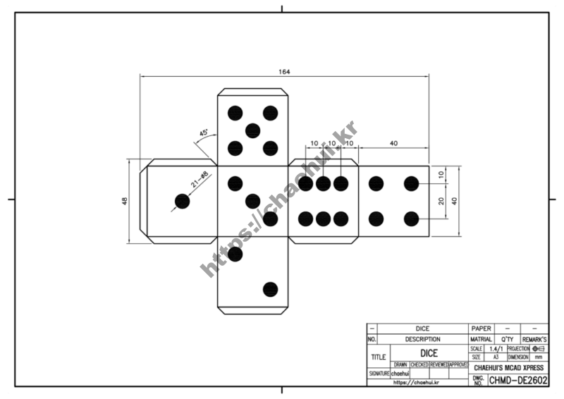 도면작도 실습도면 - 주사위(DICE) 2 주사위 주사위는 인간이 통제할 수 없는 ‘우연’이라는 거대한 힘을 손바닥 안에 담아낸 인류 최고의 발명품 중 하나입니다.
미래에는 양자 역학을 이용한 완벽한 난수 생성기가 주사위를 대신하겠지만, 손끝에서 느껴지는 긴장감과 구르는 소리의 매력은 영원할 것입니다.
단순한 플라스틱 조각으로 보였던 주사위가 이제는 인류 문명의 수만 가지 확률을 담고 있는 특별한 도구로 보이실 겁니다. 주사위는 주사위는 확률적 무작위성을 물리적으로 구현한 도구로, 고대부터 인류와 함께해 왔습니다.
마주 보는 면의 합이 7이라는 기하학적 규칙과 물리적 균형이 공정성의 핵심입니다.
확률론과 통계학의 발전에 지대한 공헌을 했으며, 오늘날에도 다양한 산업에서 활용됩니다.
정밀한 제작 공정과 올바른 관리가 뒷받침될 때 비로소 진정한 무작위의 가치를 발휘합니다.