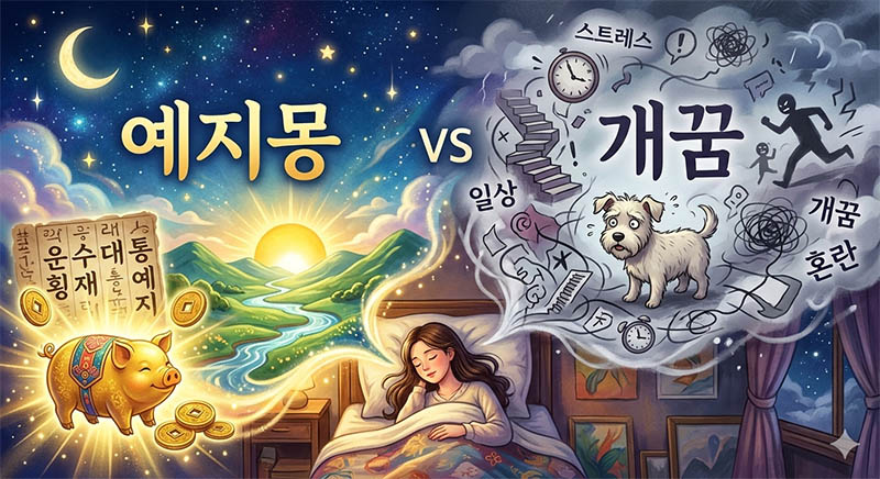 개꿈인지 아닌지 궁금할 때. 2 예지몽과개꿈 개꿈인지 아닌지 궁금할 때. “이 꿈, 로또 사야 할까?” 예지몽과 개꿈을 완벽히 구별하는 5가지 기준 어느 날 밤, 너무나 생생한 꿈을 꾸고 일어나 “이게 무슨 징조인가?” 싶어 하루 종일 뒤숭숭했던 적 있으시죠? 우리는 흔히 의미 있는 꿈을 ‘예지몽’, 아무 의미 없는 꿈을 **’개꿈’**이라고 부릅니다. 하지만 수천 년간 이어진 동양의 해몽 전통과 현대 심리학에서는 이 둘을 구분하는 명확한 기준이 있다고